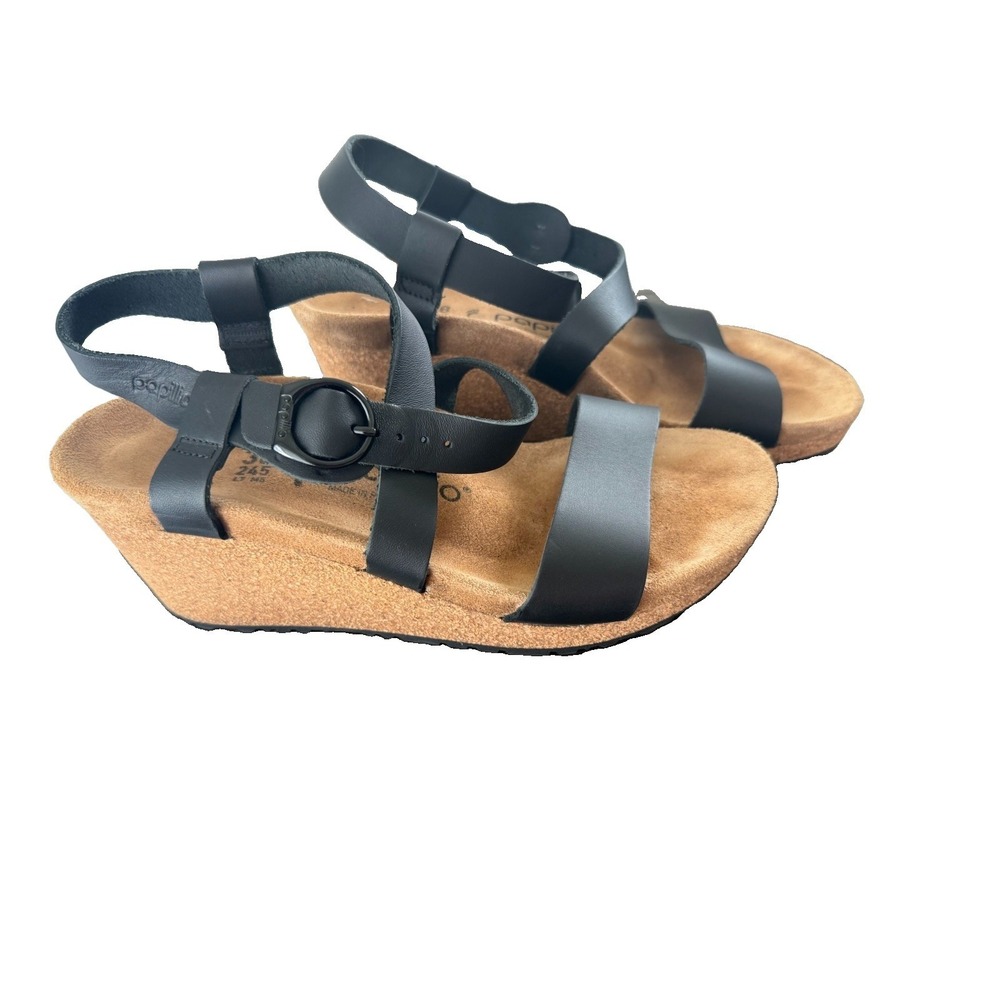 Birkenstock Papillio women size 7 EU 38 Sibyl Black leather 3" Wedge Sandal Shoe
